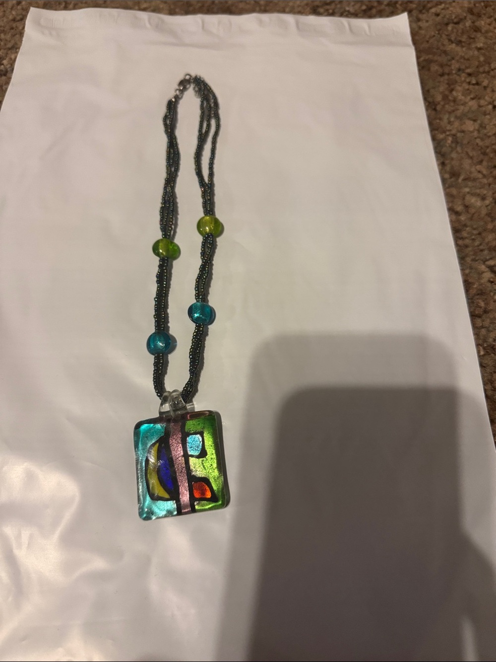Multicolor Glass Pendant Necklace with Green & Teal Accents
